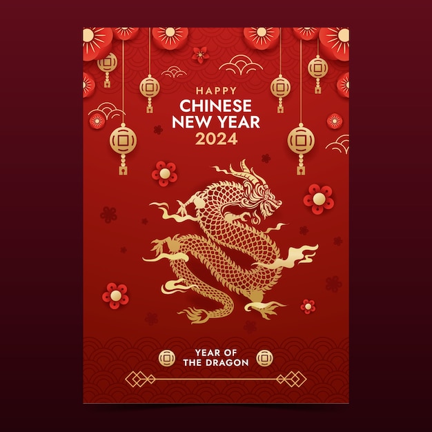 Vecteur gratuit modèle d'affiche verticale en gradient pour le festival du nouvel an chinois