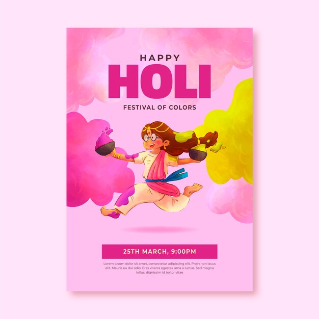 Le modèle d'affiche verticale d'Holi à l'aquarelle.