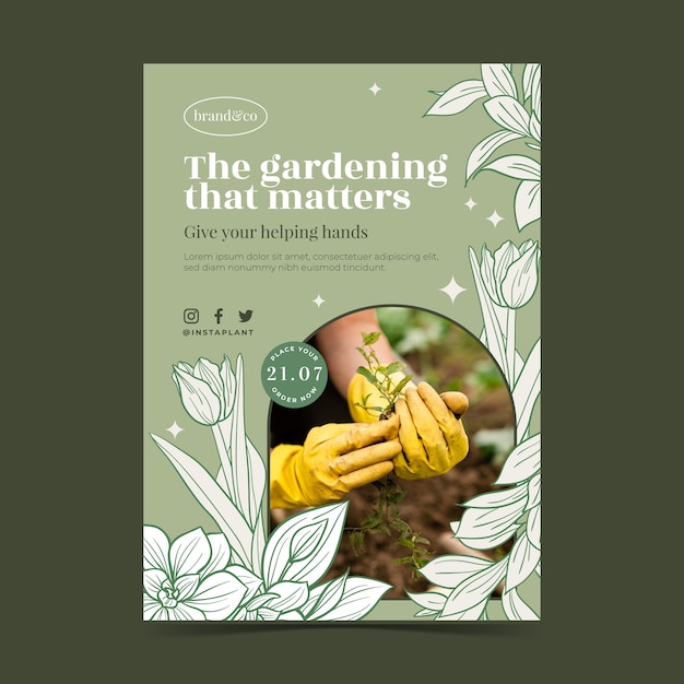 Vecteur gratuit modèle d'affiche verticale de jardinage dessiné à la main