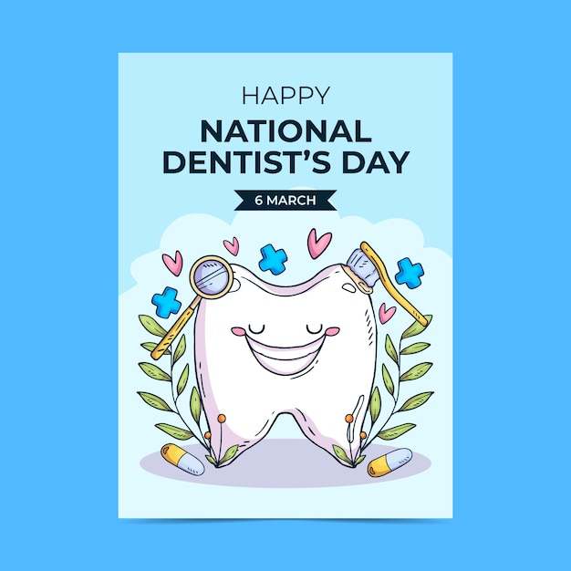Modèle D'affiche Verticale De La Journée Du Dentiste Dessiné à La Main