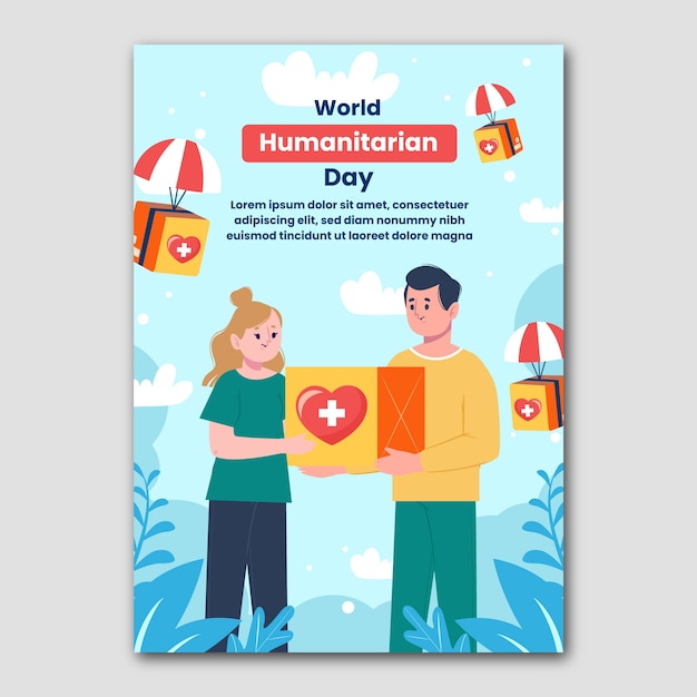 Vecteur gratuit modèle d'affiche verticale de la journée humanitaire mondiale plate