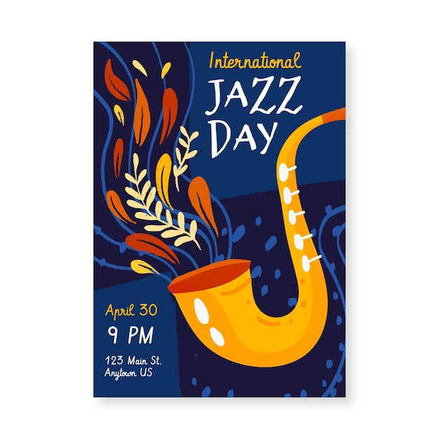 Vecteur gratuit modèle d'affiche verticale de la journée internationale du jazz dessiné à la main