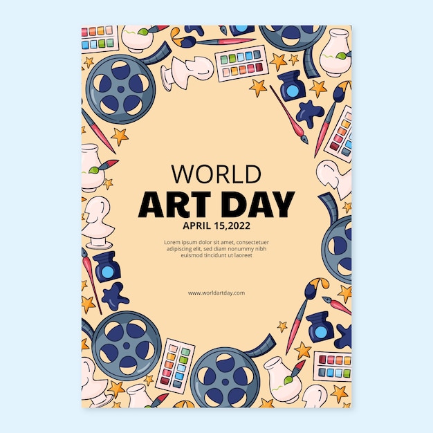 Vecteur gratuit modèle d'affiche verticale de la journée mondiale de l'art dessiné à la main