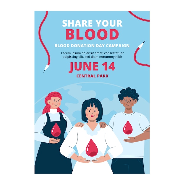 Modèle d'affiche verticale de la journée mondiale du donneur de sang plat