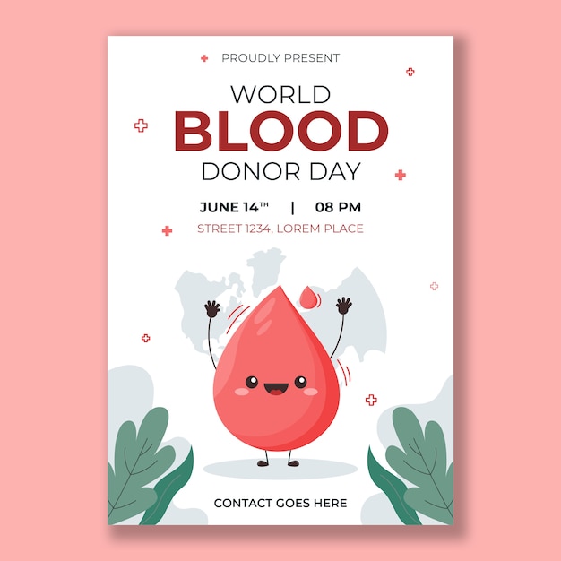 Vecteur gratuit modèle d'affiche verticale de la journée mondiale du donneur de sang plat