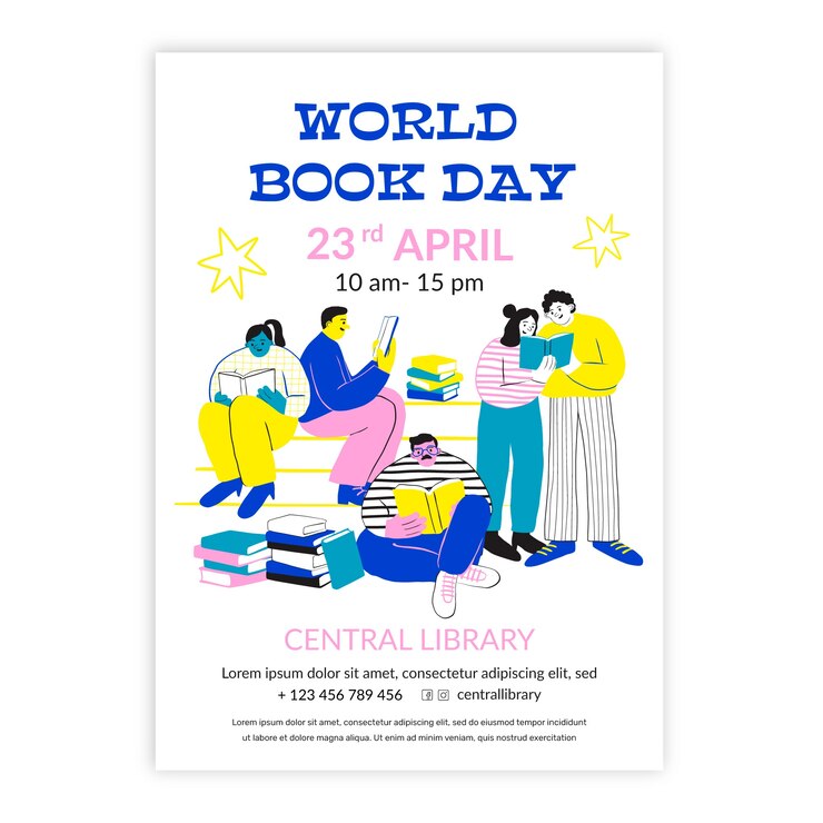 Vecteur gratuit modèle d'affiche verticale de la journée mondiale du livre avec des gens qui lisent des livres