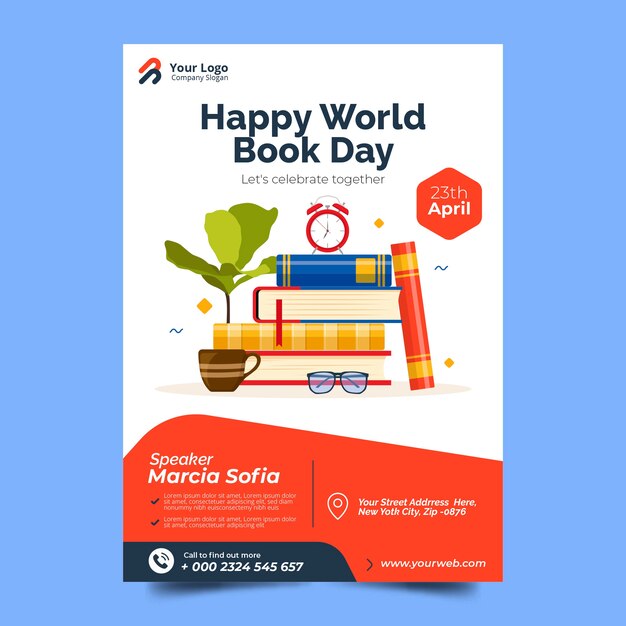 Modèle d'affiche verticale de la journée mondiale du livre plat