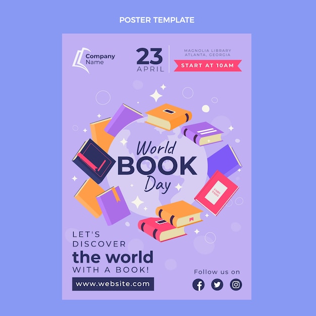 Vecteur gratuit modèle d'affiche verticale de la journée mondiale du livre plat