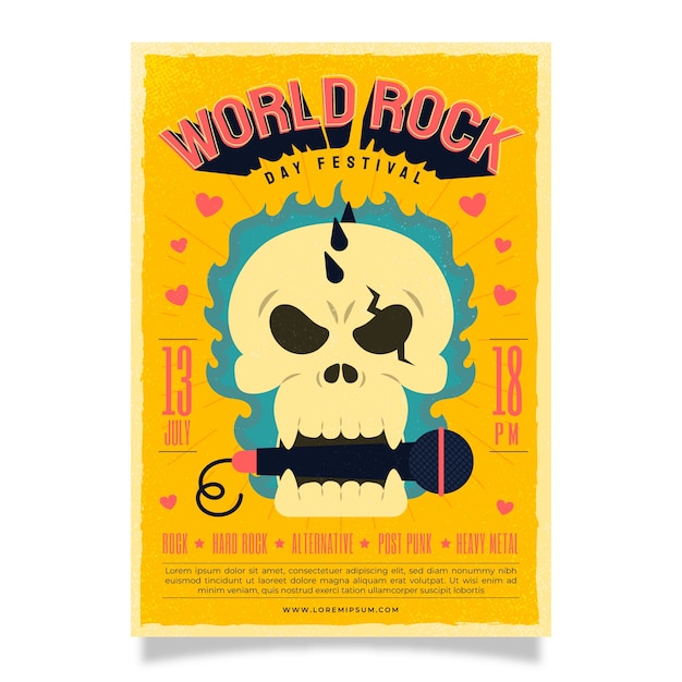 Vecteur gratuit modèle d'affiche verticale de la journée mondiale du rock plat avec crâne tenant un microphone dans la bouche