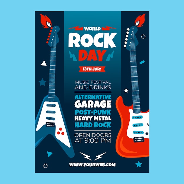 Modèle d'affiche verticale de la journée mondiale du rock plat avec des guitares