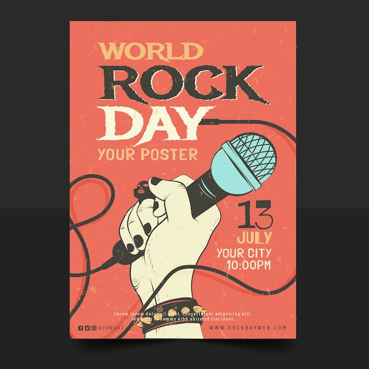Vecteur gratuit modèle d'affiche verticale de la journée mondiale du rock plat avec main tenant le microphone