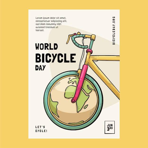 Vecteur gratuit modèle d'affiche verticale de la journée mondiale du vélo dessiné à la main