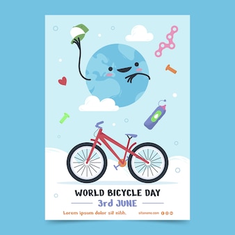 Modèle d'affiche verticale de la journée mondiale du vélo plat avec la planète terre
