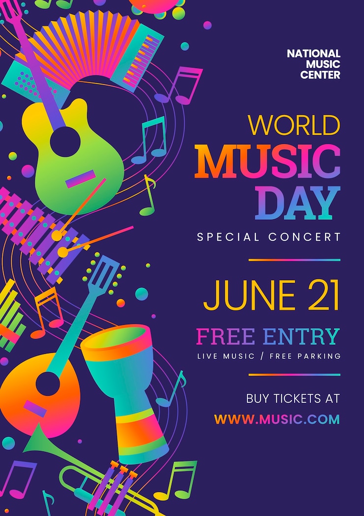Vecteur gratuit modèle d'affiche verticale de la journée mondiale de la musique dégradé