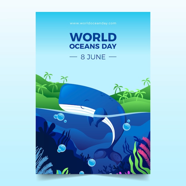 Vecteur gratuit modèle d'affiche verticale de la journée mondiale des océans dégradé avec baleine