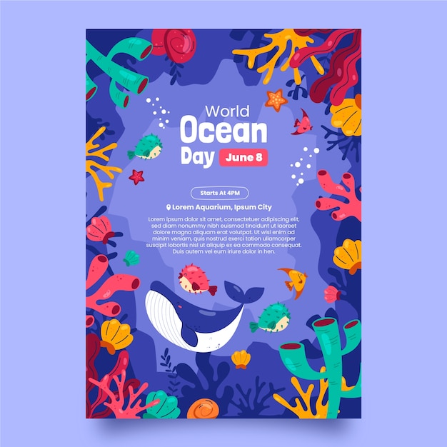 Vecteur gratuit modèle d'affiche verticale de la journée mondiale des océans plat
