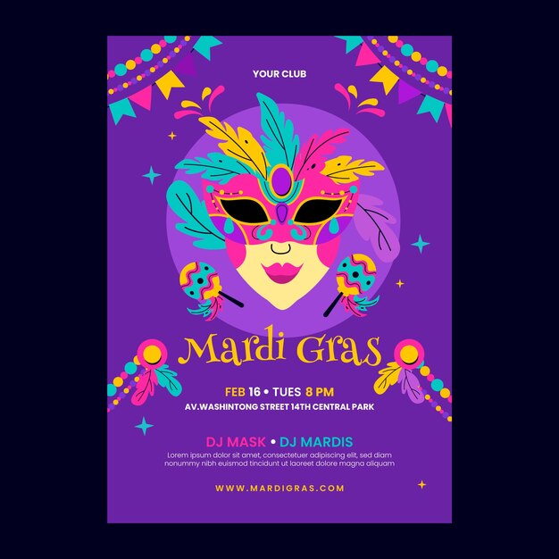 Vecteur gratuit un modèle d'affiche verticale de mardi gras.