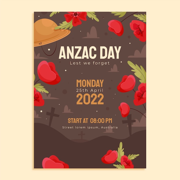 Vecteur gratuit modèle d'affiche verticale plat anzac day