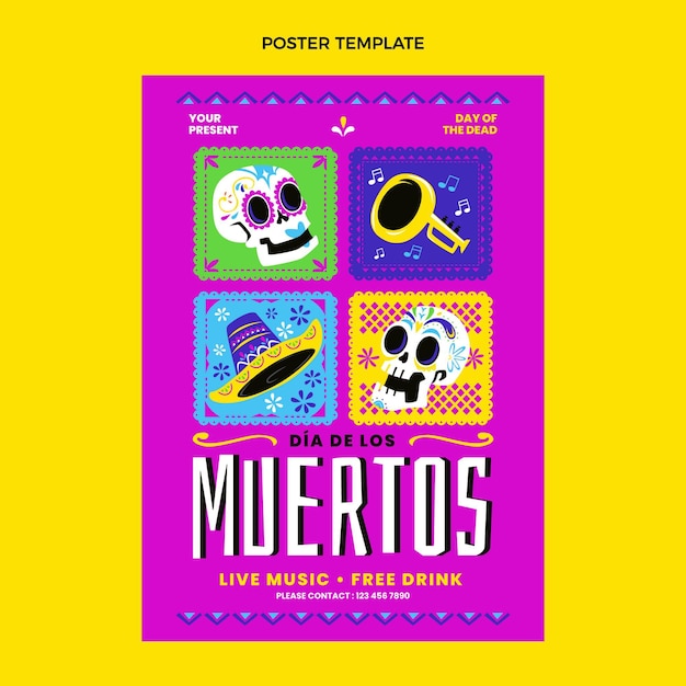 Vecteur gratuit modèle d'affiche verticale plat dia de muertos