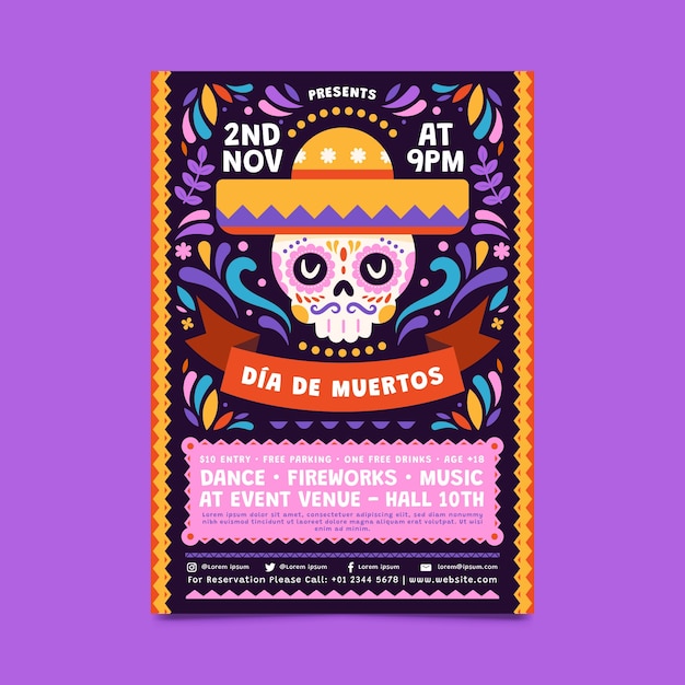 Vecteur gratuit modèle d'affiche verticale plat dia de muertos