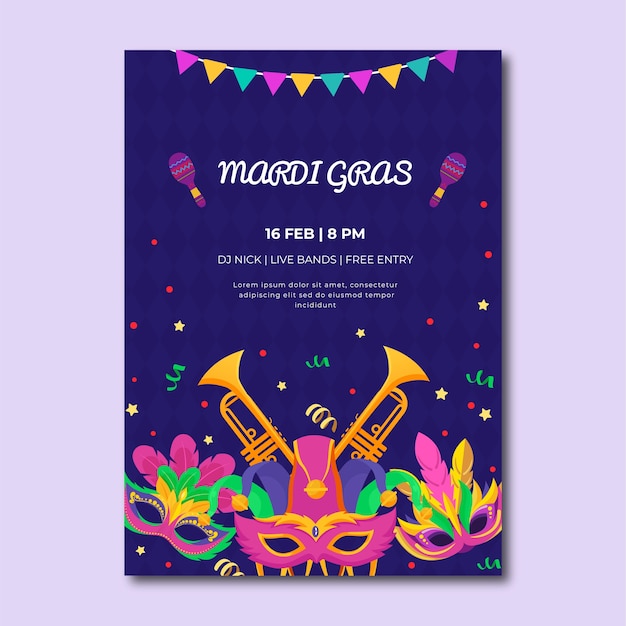 Vecteur gratuit modèle d'affiche verticale plat mardi gras