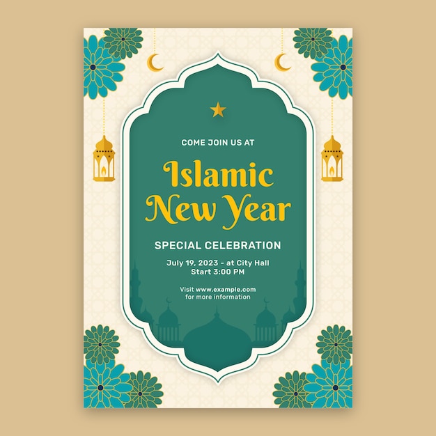 Vecteur gratuit modèle d'affiche verticale plat nouvel an islamique