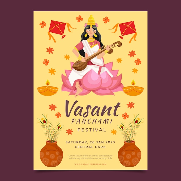 Vecteur gratuit modèle d'affiche verticale plat vasant panchami