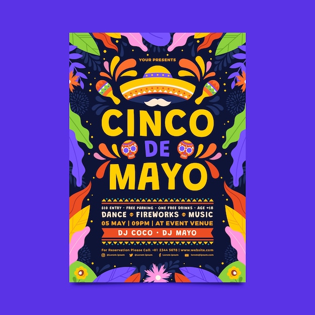 Vecteur gratuit modèle d'affiche verticale plate cinco de mayo