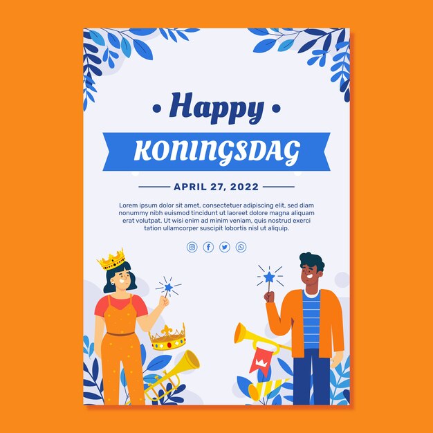 Vecteur gratuit modèle d'affiche verticale plate koningsdag