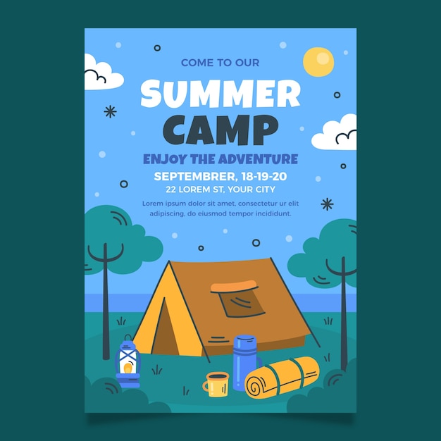 Vecteur gratuit modèle d'affiche verticale plate pour l'aventure en camping