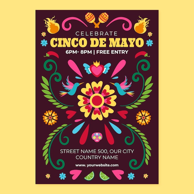 Vecteur gratuit modèle d'affiche verticale plate pour la célébration du cinco de mayo