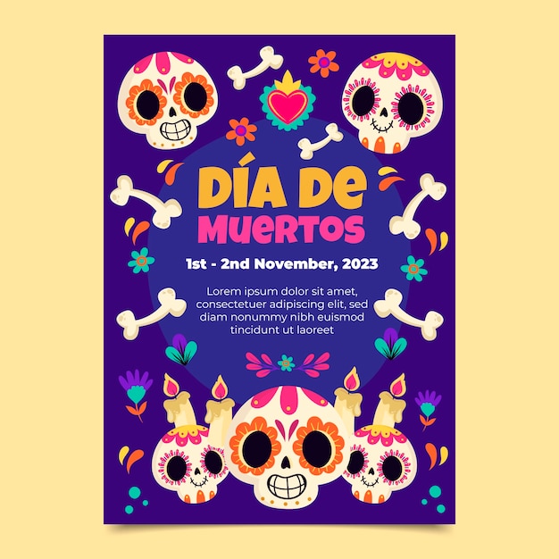 Modèle d'affiche verticale plate pour la célébration du dia de muertos