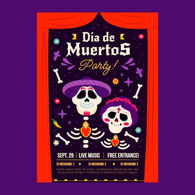 Vecteur gratuit modèle d'affiche verticale plate pour la célébration du dia de muertos