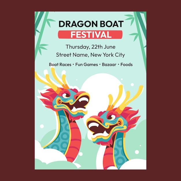 Vecteur gratuit modèle d'affiche verticale plate pour la célébration du festival des bateaux-dragons chinois
