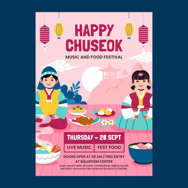 Vecteur gratuit modèle d'affiche verticale plate pour la célébration du festival coréen chuseok