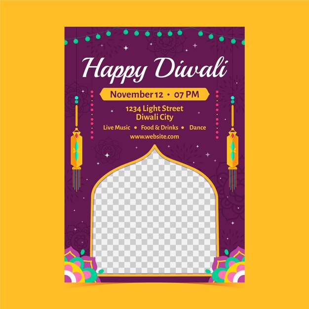 Modèle d'affiche verticale plate pour la célébration du festival de diwali