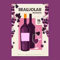 Vecteur gratuit modèle d'affiche verticale plate pour la célébration du festival du vin beaujolais nouveau français
