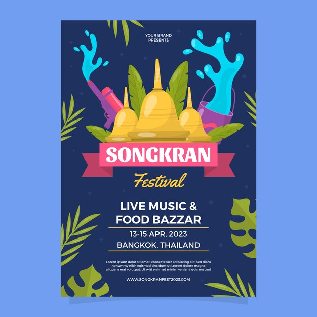 Vecteur gratuit modèle d'affiche verticale plate pour la célébration du festival de l'eau de songkran