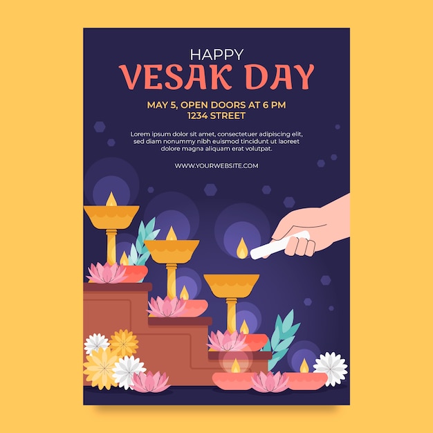 Vecteur gratuit modèle d'affiche verticale plate pour la célébration du festival de la journée vesak