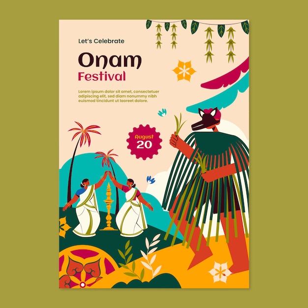 Vecteur gratuit modèle d'affiche verticale plate pour la célébration du festival onam