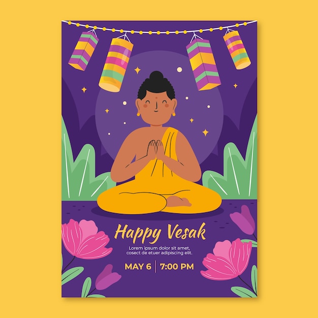 Vecteur gratuit modèle d'affiche verticale plate pour la célébration du festival vesak