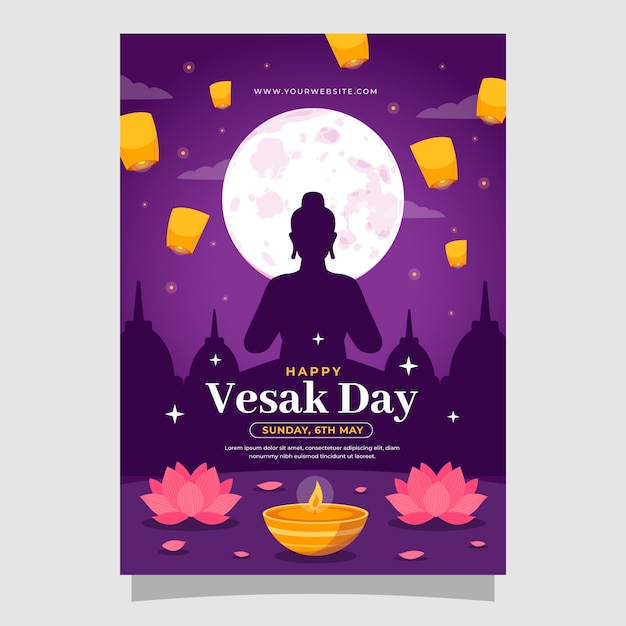 Vecteur gratuit modèle d'affiche verticale plate pour la célébration du festival vesak