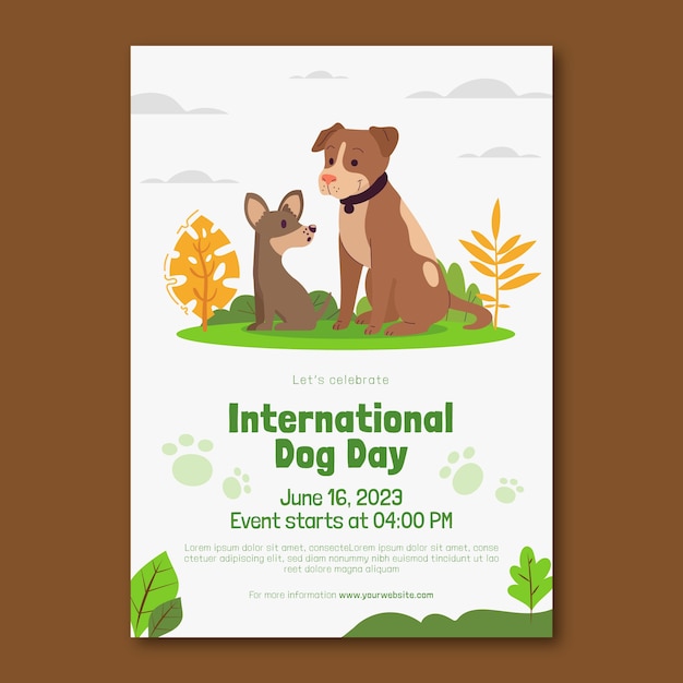 Vecteur gratuit modèle d'affiche verticale plate pour la célébration de la journée internationale du chien