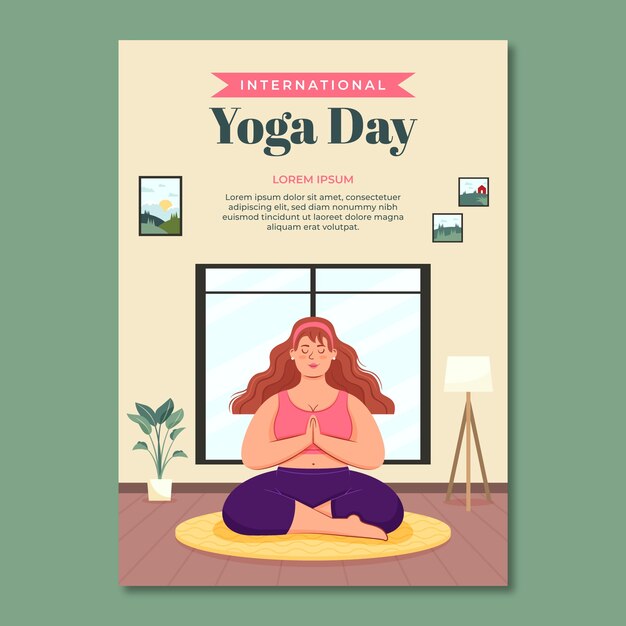 Modèle d'affiche verticale plate pour la célébration de la journée internationale du yoga