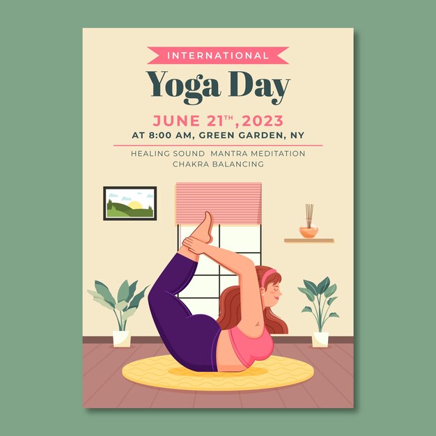 Modèle d'affiche verticale plate pour la célébration de la journée internationale du yoga