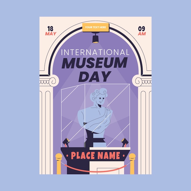 Vecteur gratuit modèle d'affiche verticale plate pour la célébration de la journée internationale des musées