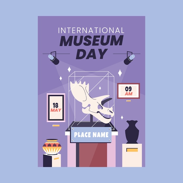 Vecteur gratuit modèle d'affiche verticale plate pour la célébration de la journée internationale des musées