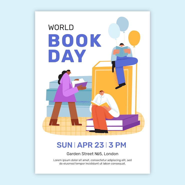 Vecteur gratuit modèle d'affiche verticale plate pour la célébration de la journée mondiale du livre