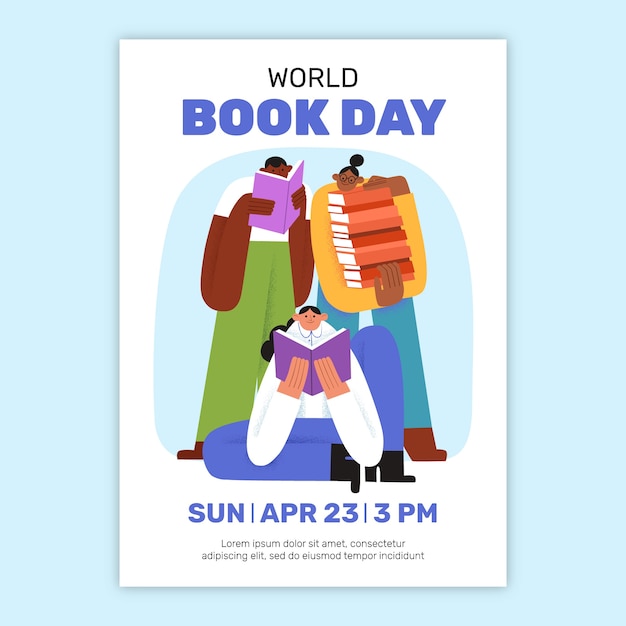 Vecteur gratuit modèle d'affiche verticale plate pour la célébration de la journée mondiale du livre