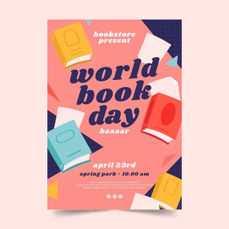Vecteur gratuit modèle d'affiche verticale plate pour la célébration de la journée mondiale du livre